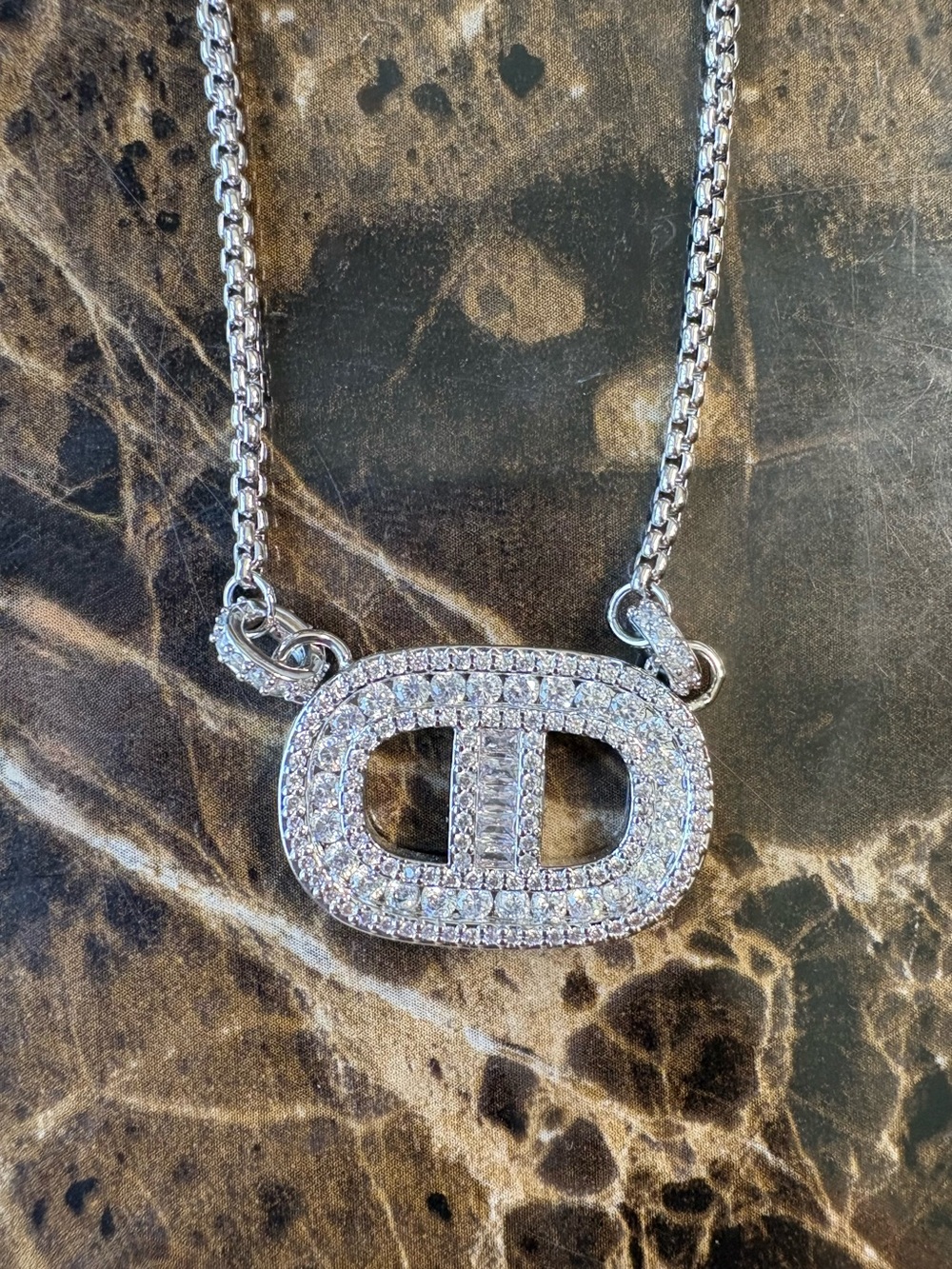Bp- Silver Pavé Oval Link Necklace with Crystal Accents